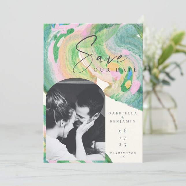 Artsy Abstract Green Watercolor Photo Wedding Save The Date (Standing Front)