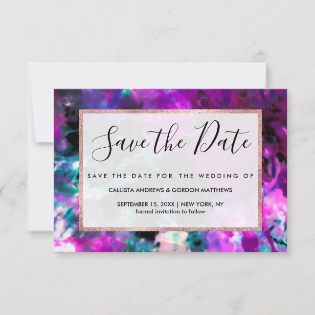 Artsy Abstract Modern Black Purple Tie Dye Save The Date (Front)