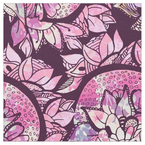 Artsy Abstract Pink Purple Hand Drawn Floral Print Fabric