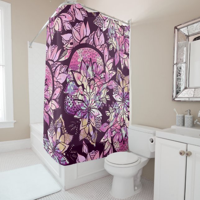 Artsy Abstract Pink Purple Hand Drawn Floral Print Shower Curtain (In Situ)