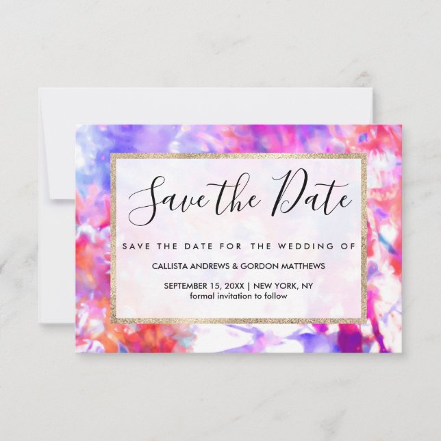 Artsy Abstract Summer Pink Purple Orange Tie Dye Save The Date (Front)