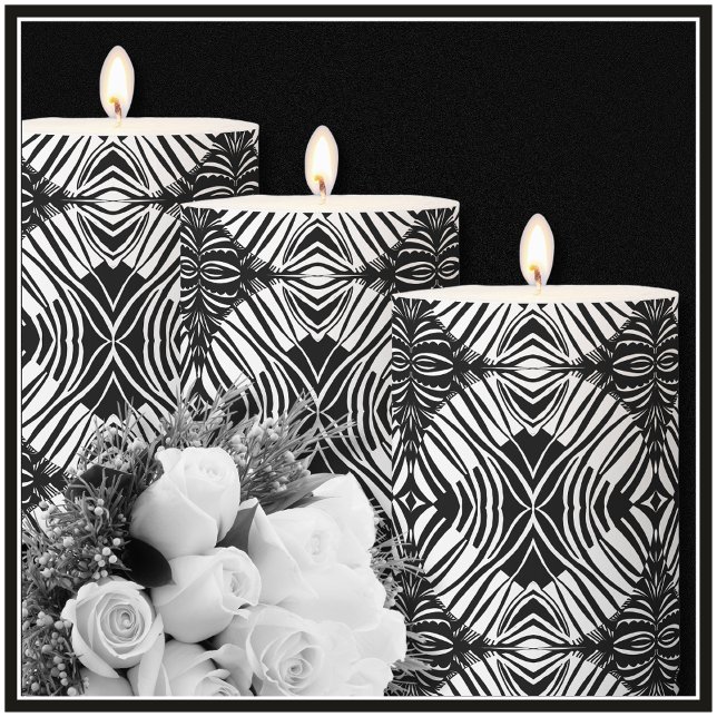 Artsy Black and White Geometric Tribal Pattern Pillar Candle (Set the Mood with Black and White Candles. An Original Tribal Pattern by Loud and Sassy. Order Now!)