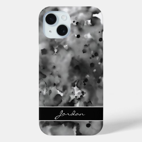 Artsy Black Watercolor Paint Splatters w Name iPhone 15 Case