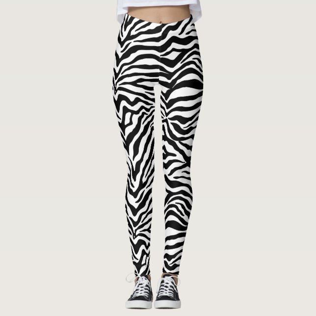 Artsy Black White Funky Zebra Print Pattern Leggings (Front)
