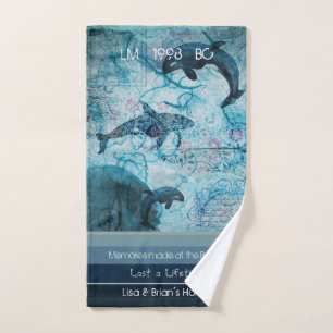 Artsy blue gray teal color coastal custom text hand towel