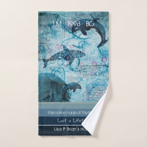 Artsy blue gray teal color coastal custom text hand towel 