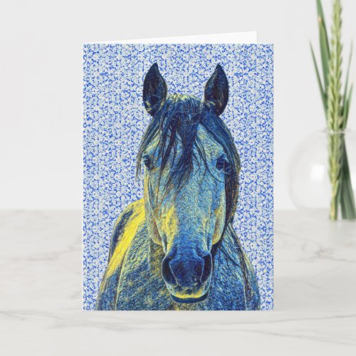 Artsy Blue Horse on Pattern Art Note Card 1