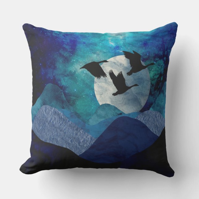 Artsy Blue Mountains Full Moon And Geese Outdoor Pillow (Front)