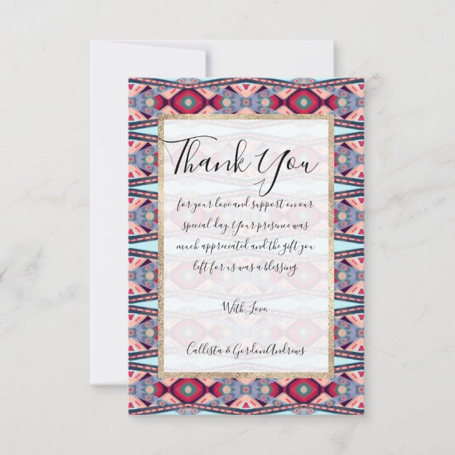 Artsy Blue Pink Red Native Aztec Painted Pattern Thank You Card (Front)