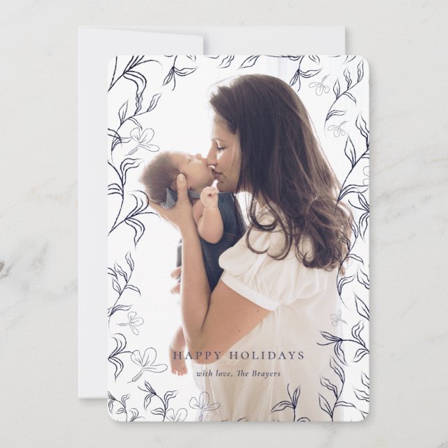 Artsy Blue Sketched Foliage Frame Photo Holiday Card (Front)