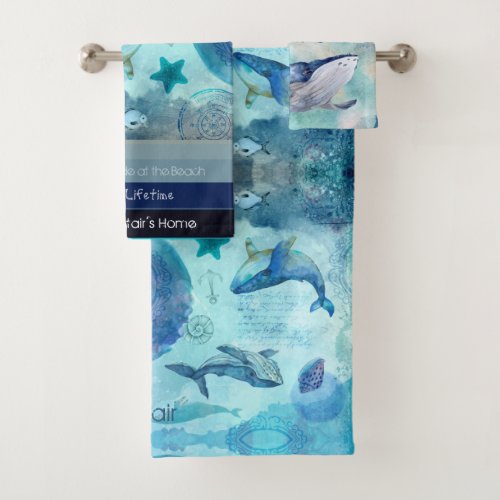 Artsy blue teal gray color coastal custom  bath towel set