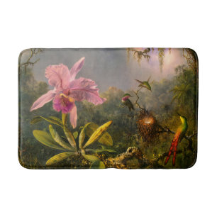 Artsy Brazilian Cattelya Orchid and 3 Hummingbirds Bath Mat