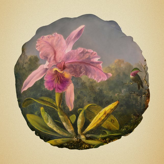 Artsy Brazilian Cattelya Orchid and 3 Hummingbirds Round Pillow (Creator Uploaded)