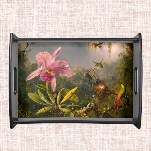 Artsy Brazilian Cattelya Orchid and 3 Hummingbirds Serving Tray