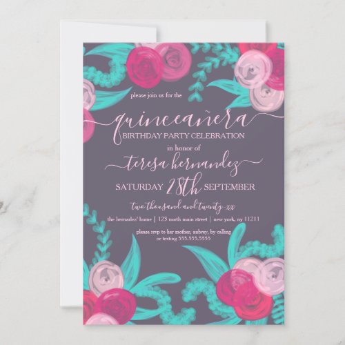 Artsy Bright Neon Pink Teal Flowers Quinceaera Invitation