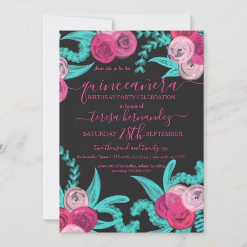 Artsy Bright Neon Pink Teal Flowers Quinceaera Invitation