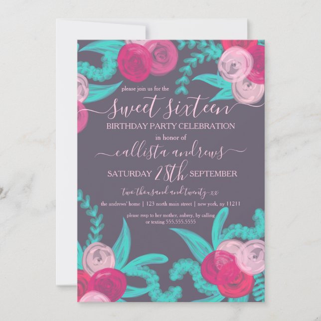 Artsy Bright Neon Pink Teal Flowers Sweet 16 Invitation (Front)