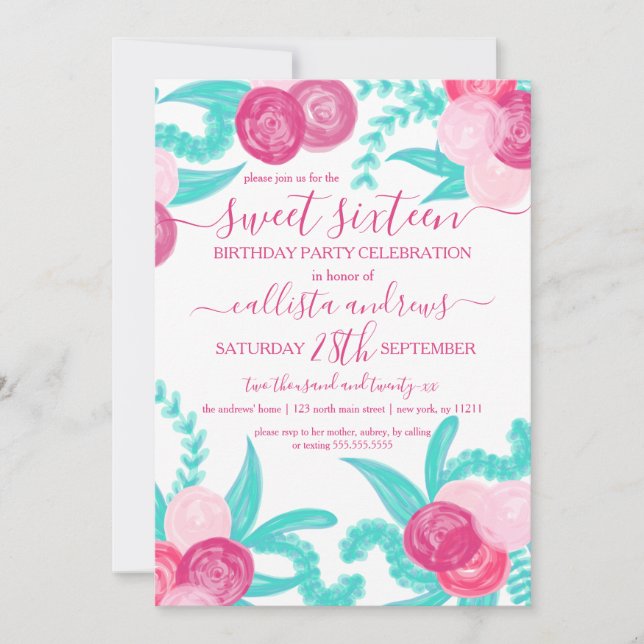 Artsy Bright Neon Pink Teal Flowers Sweet 16 Invitation (Front)