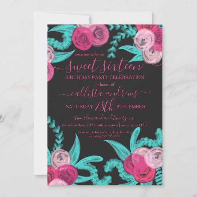 Artsy Bright Neon Pink Teal Flowers Sweet 16 Invitation (Front)