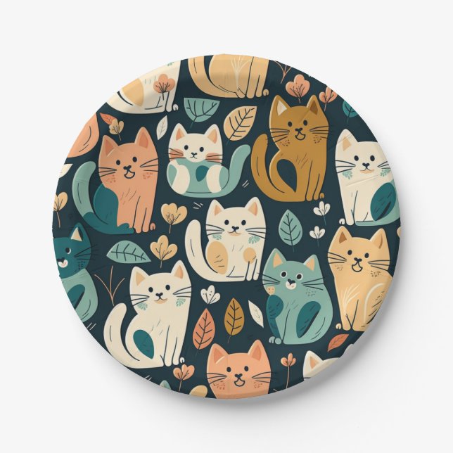Artsy Cat Pattern Cute Paper Plates (Front)