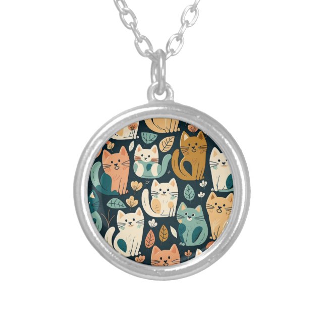 Artsy Cat Pattern Cute Silver Plated Necklace (Front)