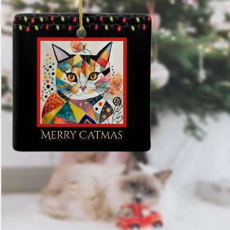 Artsy Cat with Christmas Lights Merry Catmas Black