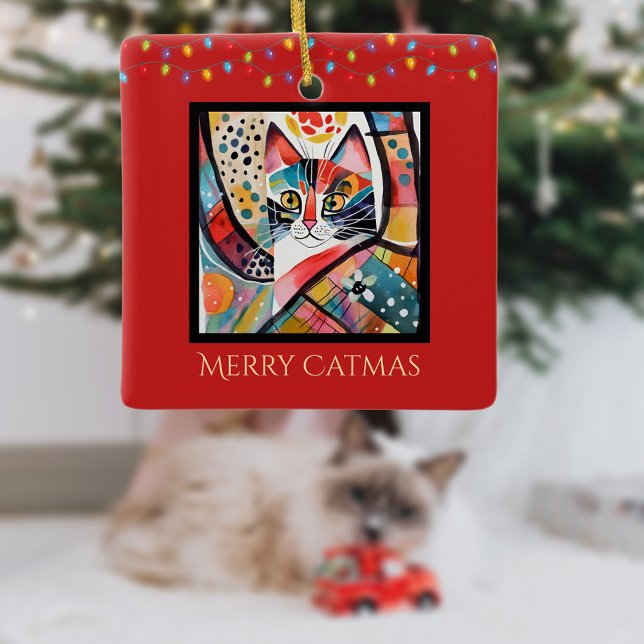 Artsy Cat with Christmas Lights Merry Catmas Red Ceramic Ornament (Creator Uploaded)
