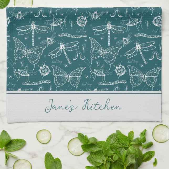Artsy Chef's Kitchen Teal Blue Insect Drawing Towel (Folded)