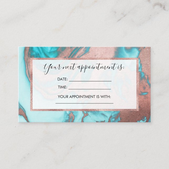 Artsy Chic Rose Gold Aqua Mint Blue Marble Pattern Appointment Card (Front)