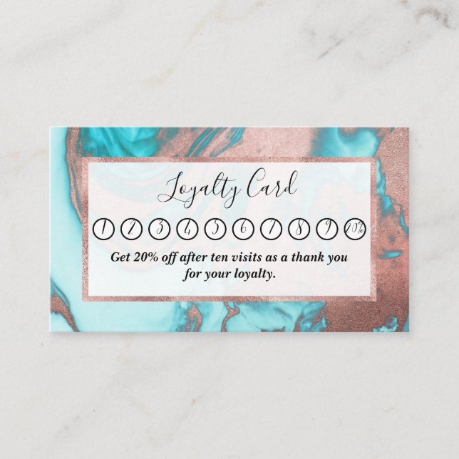 Artsy Chic Rose Gold Aqua Mint Blue Marble Pattern Loyalty Card (Front)