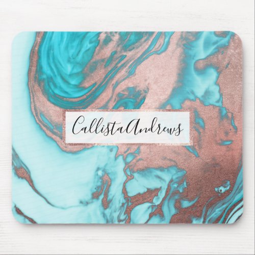 Artsy Chic Rose Gold Aqua Mint Blue Marble Pattern Mouse Pad