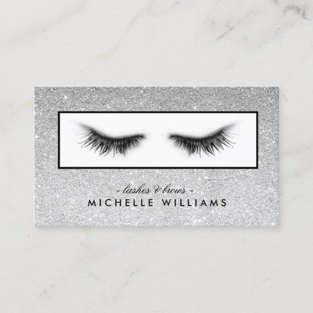 Artsy Chic Silver Glitter Eyelashes Designer Business Card (Front)