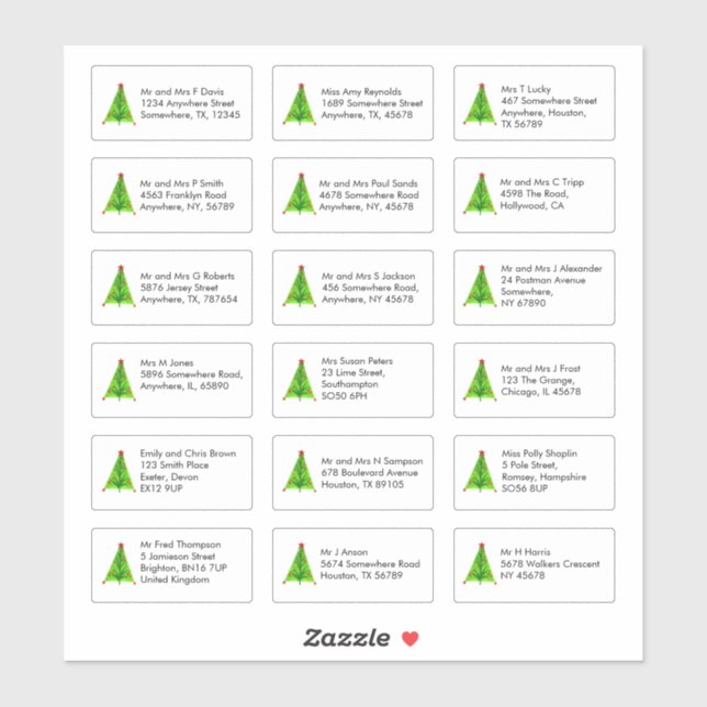 Artsy Christmas Tree 18 Individual Name Addresses Sticker (Sheet)
