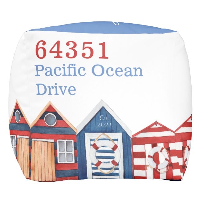 Artsy Coastal Custom House nr Beach huts whiteblue Pouf (Front)