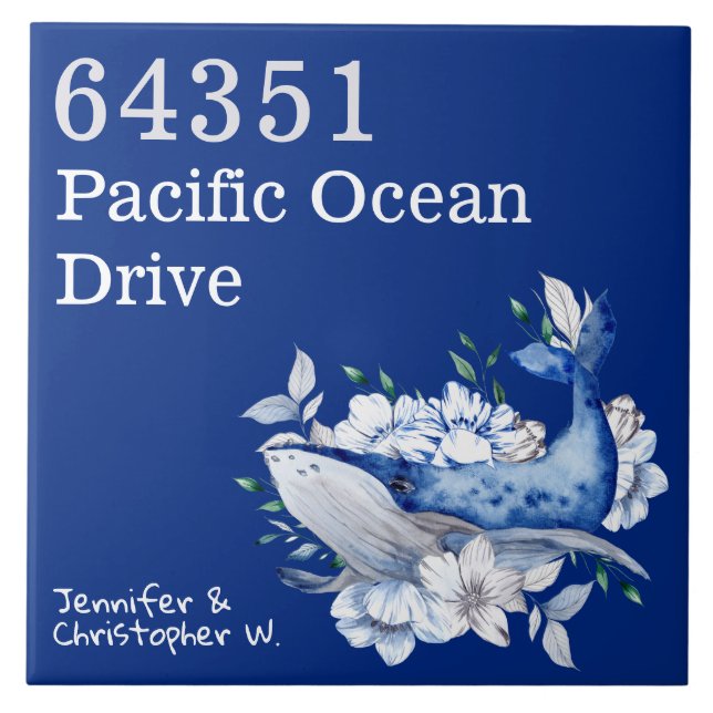 Artsy Coastal Custom House nr whale floral blue Ceramic Tile (Front)
