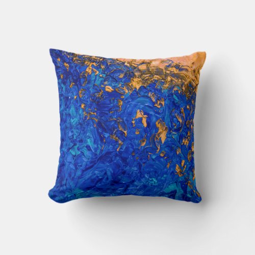 Artsy Cobalt Blue Golden Yellow Acrylic Painting Throw Pillow