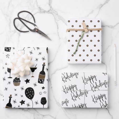 Artsy Cocktails Polka Dot Gold Black White Festive Wrapping Paper Sheets
