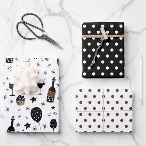 Artsy Cocktails Stars Polka Dot Gold Black white Wrapping Paper Sheets