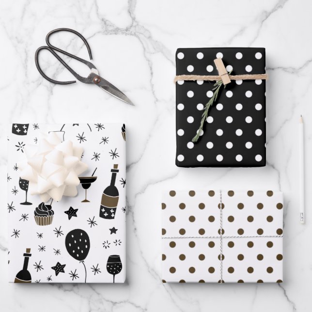 Artsy Cocktails Stars Polka Dot Gold Black white Wrapping Paper Sheets (Front)