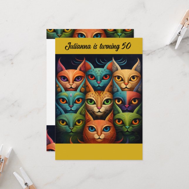 Artsy Colorful Attitude Cat Birthday Invitation (Front/Back In Situ)