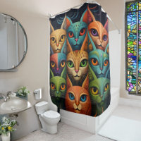 Artsy Colorful Cat Family 2 Selfie moode Shower Curtain