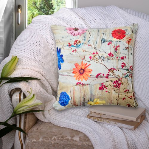 Artsy Colorful Flowers Collage on Neutral Surface  Throw Pillow