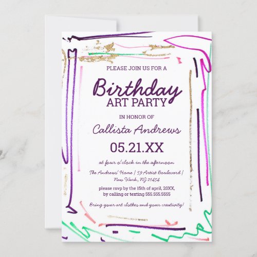 Artsy Colorful Gold Action Art Party Birthday Invitation
