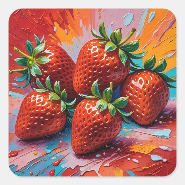Artsy Colorful Paint Splattered Strawberries Square Sticker (Front)