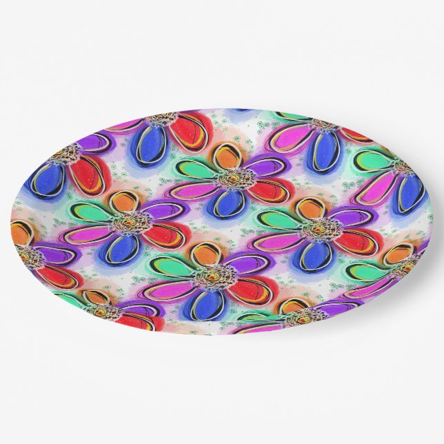 Artsy Colorful Watercolor Flowers Paper Plates (Angled)