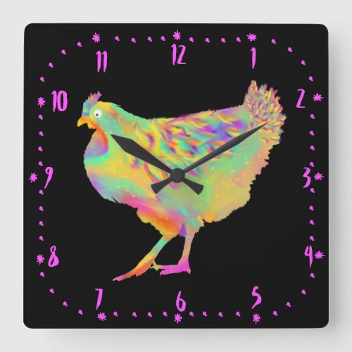 Artsy Colourful Dancing Chicken Funny Farm Hen Art Square Wall Clock