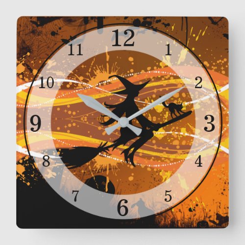 Artsy Cool Flying Witch Silhouette Halloween Square Wall Clock