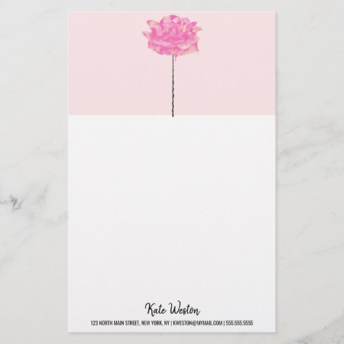 Artsy Coral Pink Flower Dripping Stem Watercolor Stationery