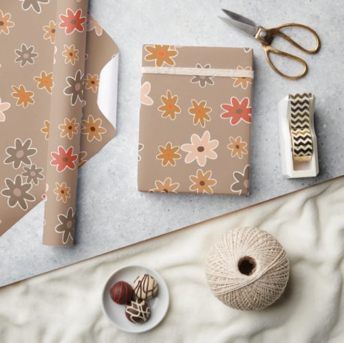 Artsy Coral Red Orange Taupe Brown Flower Pattern Wrapping Paper