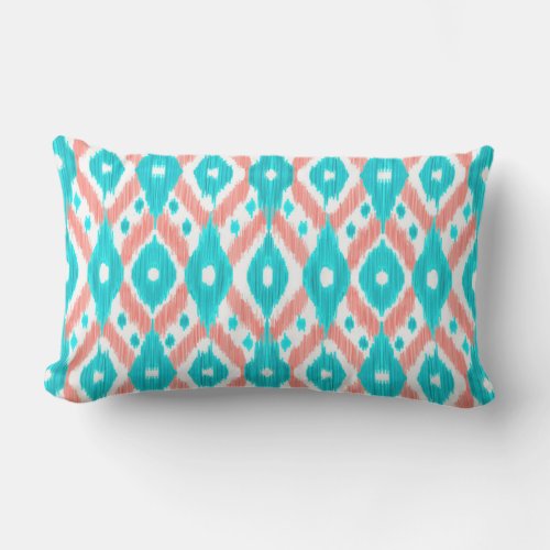 Artsy Coral Teal Abstract Ikat Geometric Pattern Lumbar Pillow